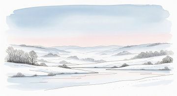 Watercolor Illustration of Snowy Landscape with Trees and Water by Markus Gann