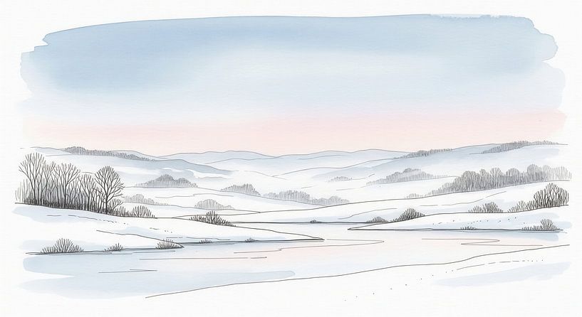 Aquarell Illustration der verschneiten Landschaft mit Bäumen und Wasser von Markus Gann