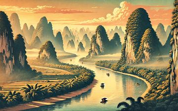 Vintage China, Guilin Karstgebirge Poster von Chromatic Fusion Studio