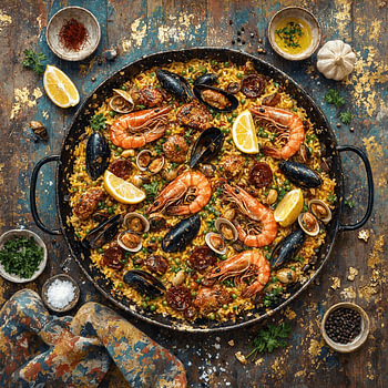 Traditioneel Spaans paellafeest met zeevruchten en chorizo