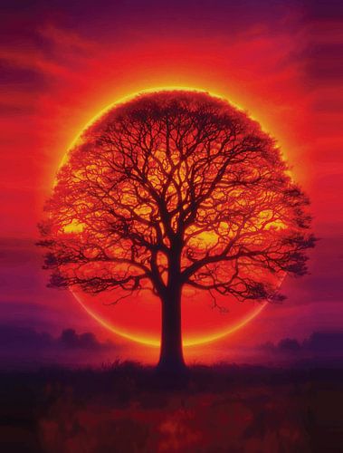 Epische boom tegen de gloeiende zonsondergang