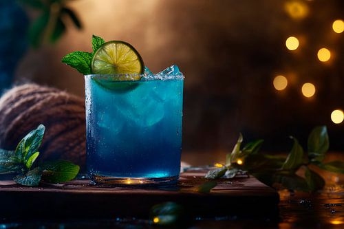 Blauwe cocktail met limoen en munt