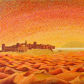 Painting Sahara desert with Kasbah by Ton van Breukelen