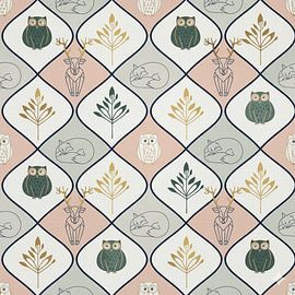 Seamless Pattern Pastel Woodland – Owl, Fox & Deer Geometric Design by Ruliyreed