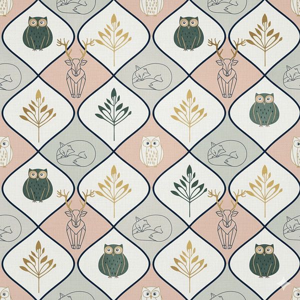 Seamless Pattern Pastel Woodland – Owl, Fox &amp; Deer Geometric Design by Ruliyreed