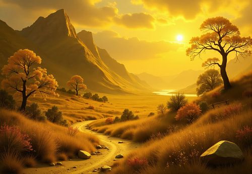 Digital Painting of a Valley Landscape at Sunset
