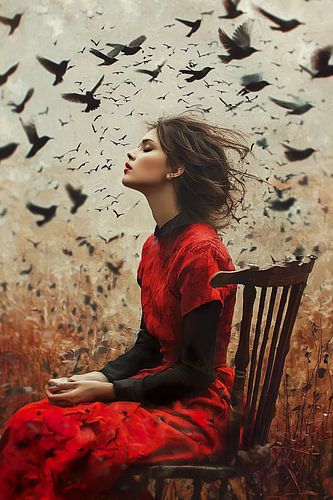 young woman surrounded by birds