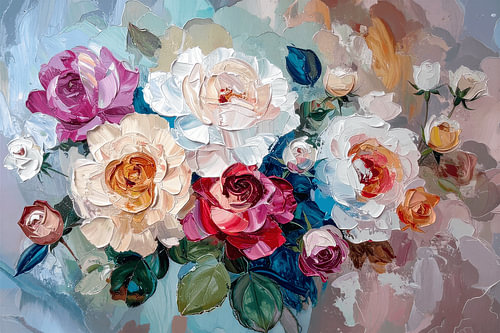 Nature morte romantique et abstraite représentant des roses, dans des tons pastel délicats