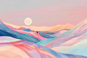 Abstract landschap in pastelkleuren met prominente maan van De Muurdecoratie