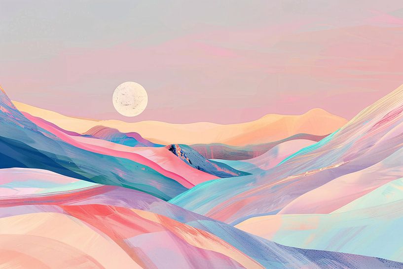 Abstract landscape in pastel colours with prominent moon by Art & Soul Creations