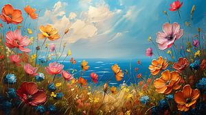 Vue sur la mer avec des fleurs