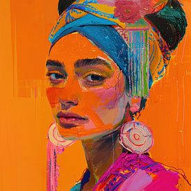 Fröhliches buntes Porträt mit Blumen und Turban von Digatelier