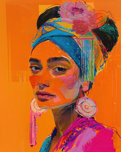 Cheerful colourful portrait with flowers and turban by Digatelier