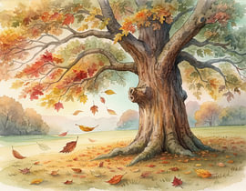Eine majestätische, alte Eiche im Herbst mit einem kräftigen, knorrigen Stamm und weit ausladenden Ästen, während zahlreiche bunte Herbstblätter sanft zu Boden fallen.