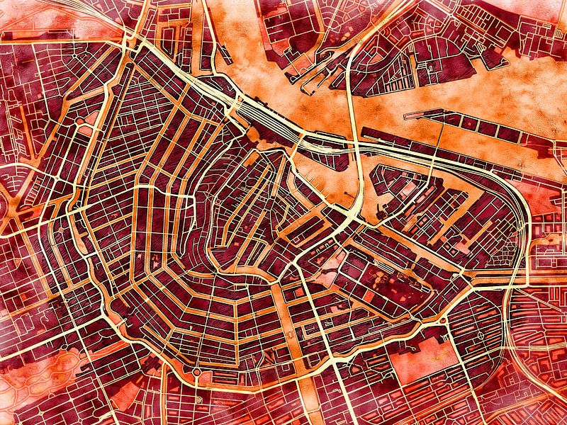 Map of Amsterdam city center in the 'Amber Autumn' style by Maporia
