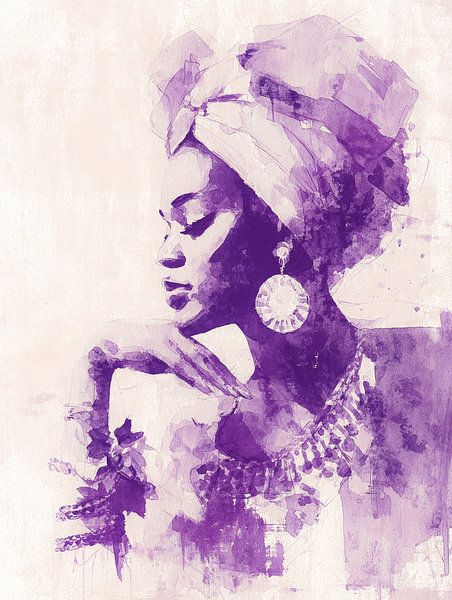 Elegante aquarel van Afrikaanse vrouw in paars en wit met sieraden van But First Framing