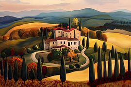 Paysage coloré de Toscane en automne, art naïf sur Jan Bechtum