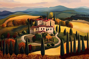 Kleurig landschap Toscane in de herfst, naïeve kunst