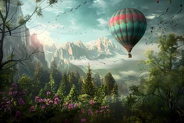 Luchtballonvaart boven bos en bergen van De Muurdecoratie