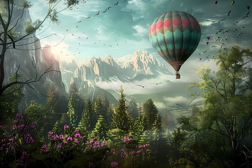 Hot air balloon ride over forest and mountains by Art & Soul Creations