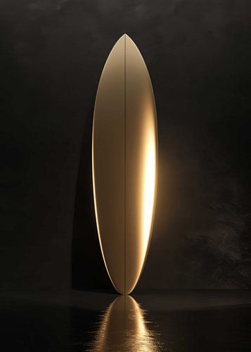 Ein elegantes goldenes Surfbrett vor einem dunklen, strukturierten Hintergrund