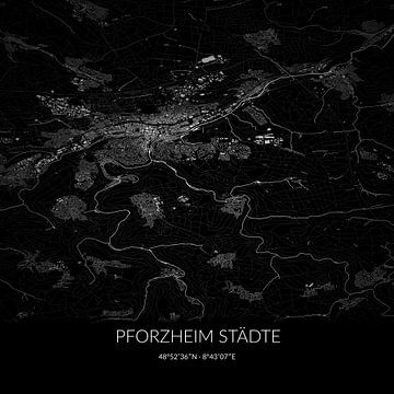Carte en noir et blanc de Pforzheim Städte, Baden-Württemberg, Allemagne. sur Rezona