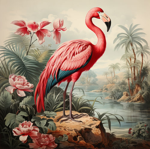 Flamingo in tropical landscape