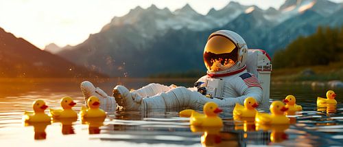 Astronaut ontspant in een eendenbad - dromerig