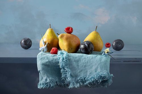 Still life 'Pear, plum and raspberry on linen canvas