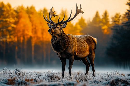 Red deer at sunrise with ground fog