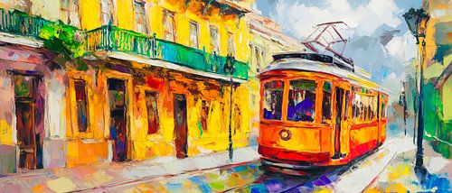 Kleurrijke tram in een stedelijk landschap