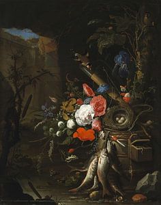 Nature morte dans une grotte avec des fleurs, des poissons et un nid d'oiseau, Abraham Mignon