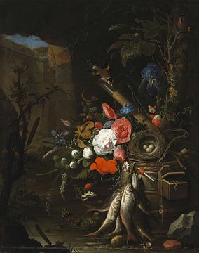 Stillleben in einer Grotte mit Blumen, Fisch und Vogelnest, Abraham Mignon