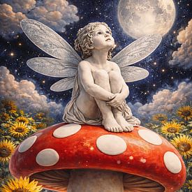 Maanverlichte fee op paddenstoel van Dodik Hariyono