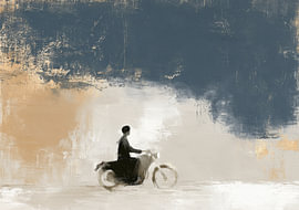 Abstract artwork depicting a motorcyclist on a blue and beige background by Niklas Maximilian