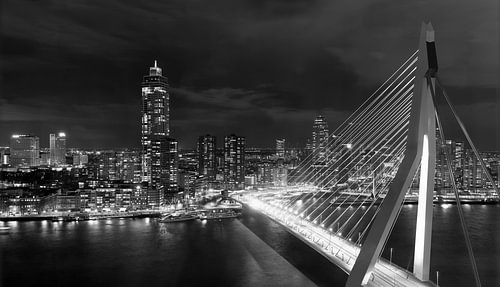 Rotterdam by Night: The Erasmus Bridge in Black and White