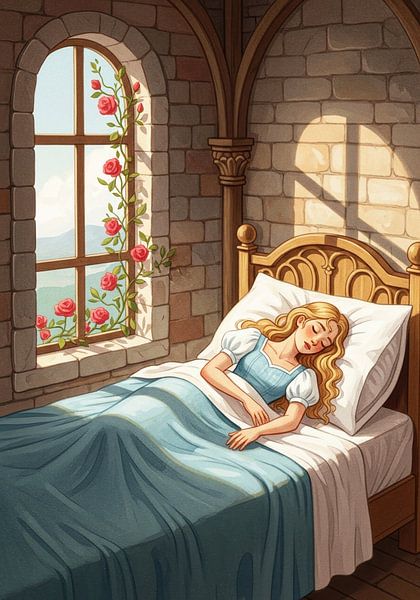 Illustration of Sleeping Woman in Bed by Window with Roses by Markus Gann