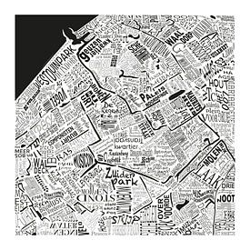 The map of The Hague in words in black and white with unique spots by Vol van Kleur