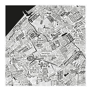 The map of The Hague in words in black and white with unique spots