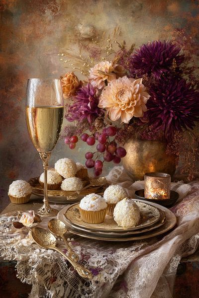 Champagne and Flowers Still Life - Elegant and Luxurious Painting by Joriali photography and paintings