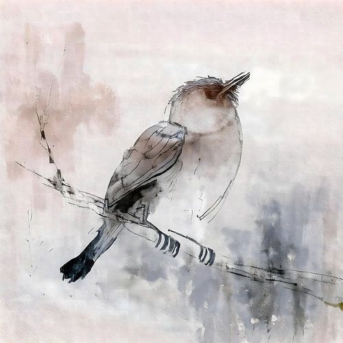 Aquarell eines Vogels auf einem kahlen Ast. Serie im japanischen Stil