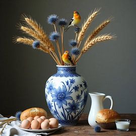 Delft blue vase painting with flowers, birds and breakfast still life by Kleurenrijk