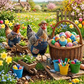 Cheerful chickens in a colourful spring garden by But First Framing