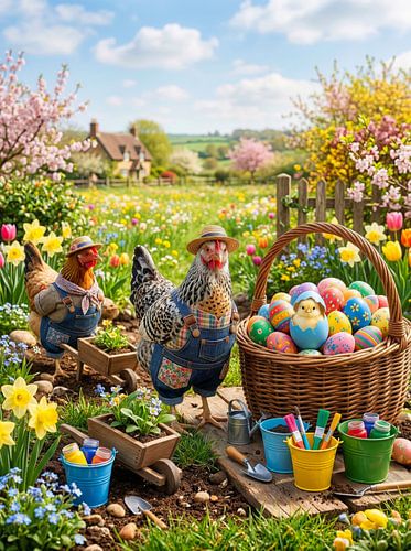 Cheerful chickens in a colourful spring garden by But First Framing