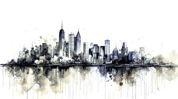 Semi-abstrate skyline with skyscrapers watercolour by Vlindertuin Art