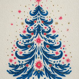 Illustration d'un sapin de Noël moderne et joyeux aux accents bleus, roses et dorés sur But First Framing