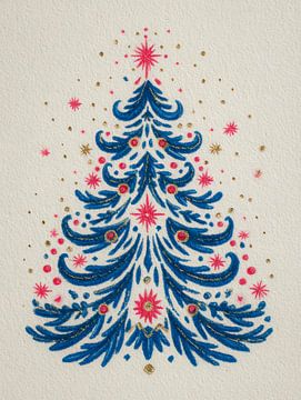 Fröhliche moderne Weihnachtsbaum Illustration in blau, rosa und goldenen Akzenten