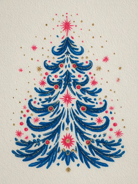 Illustration d'un sapin de Noël moderne et joyeux aux accents bleus, roses et dorés par But First Framing