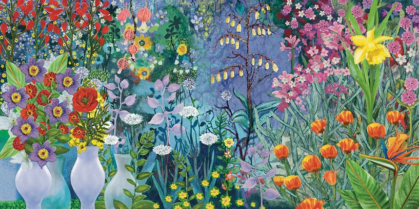 Bloemensymphonie, tuin met (fantasie)bloemen van Karen Nijst