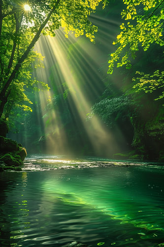 Magical Sunlight in a Green Forest